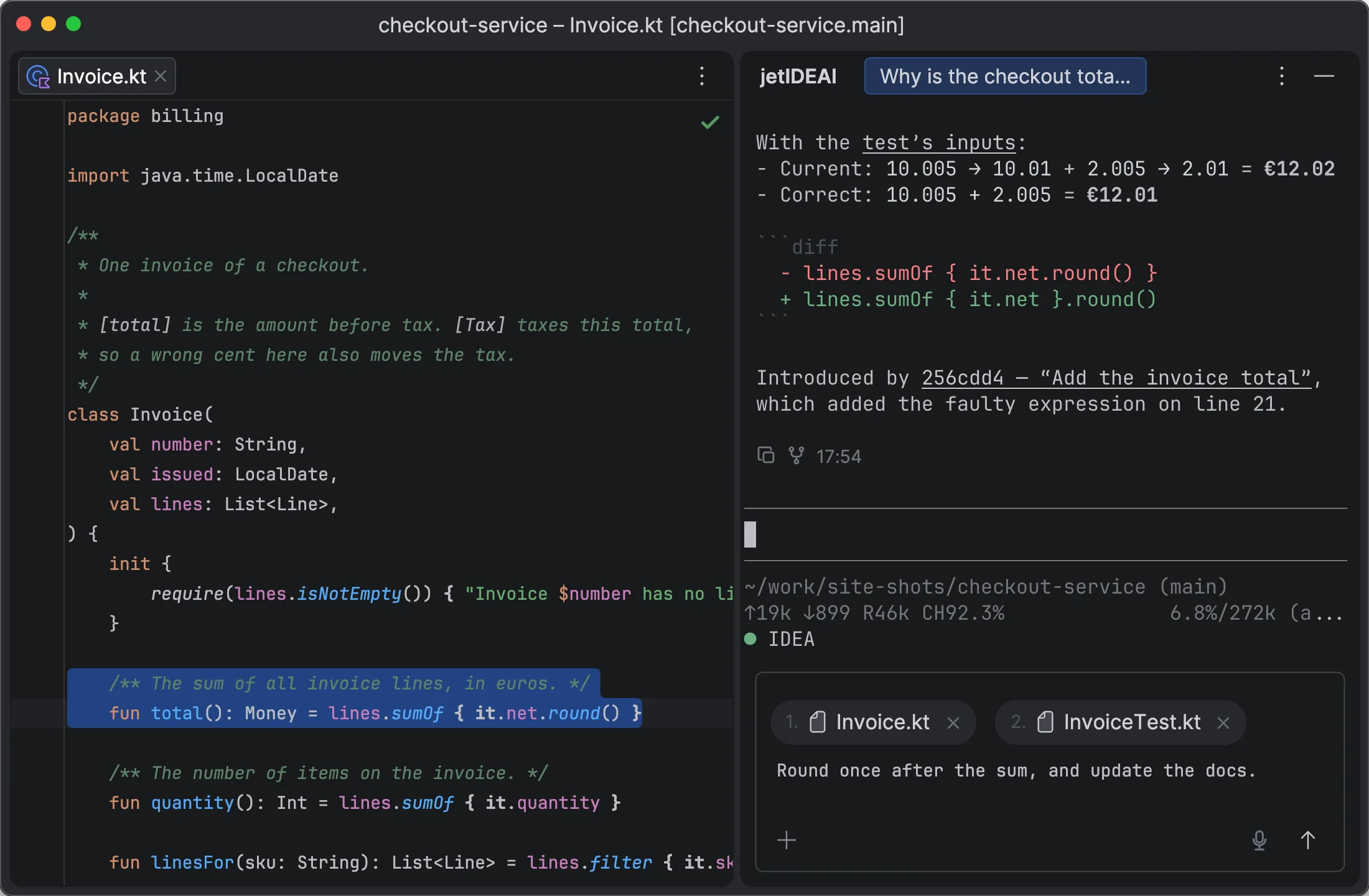 IDE window with Invoice.kt on the left and a Pi agent on the right: its answer links into the code, and the Composer holds two attachments