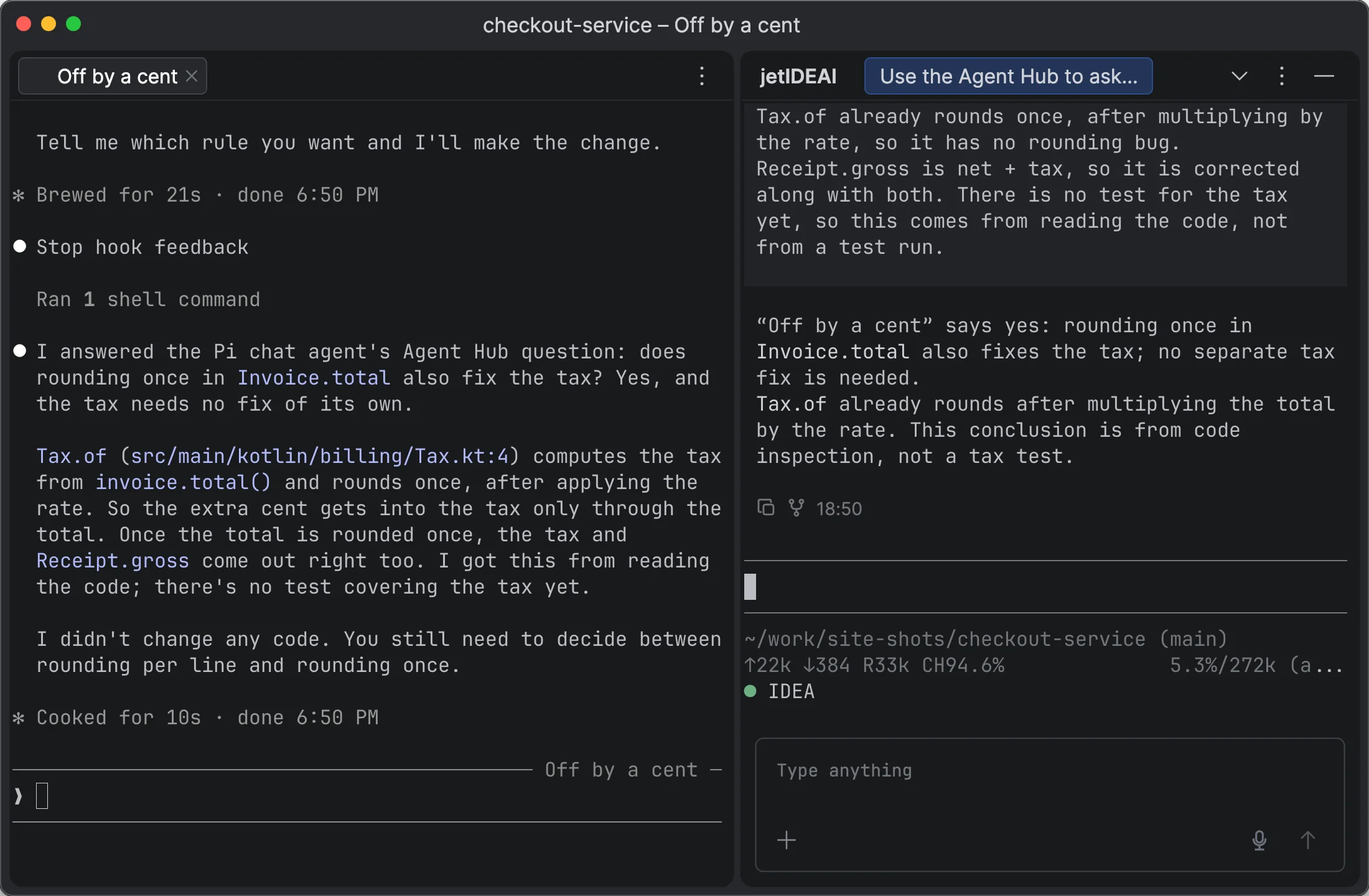 An Agent Hub exchange between Claude and Codex