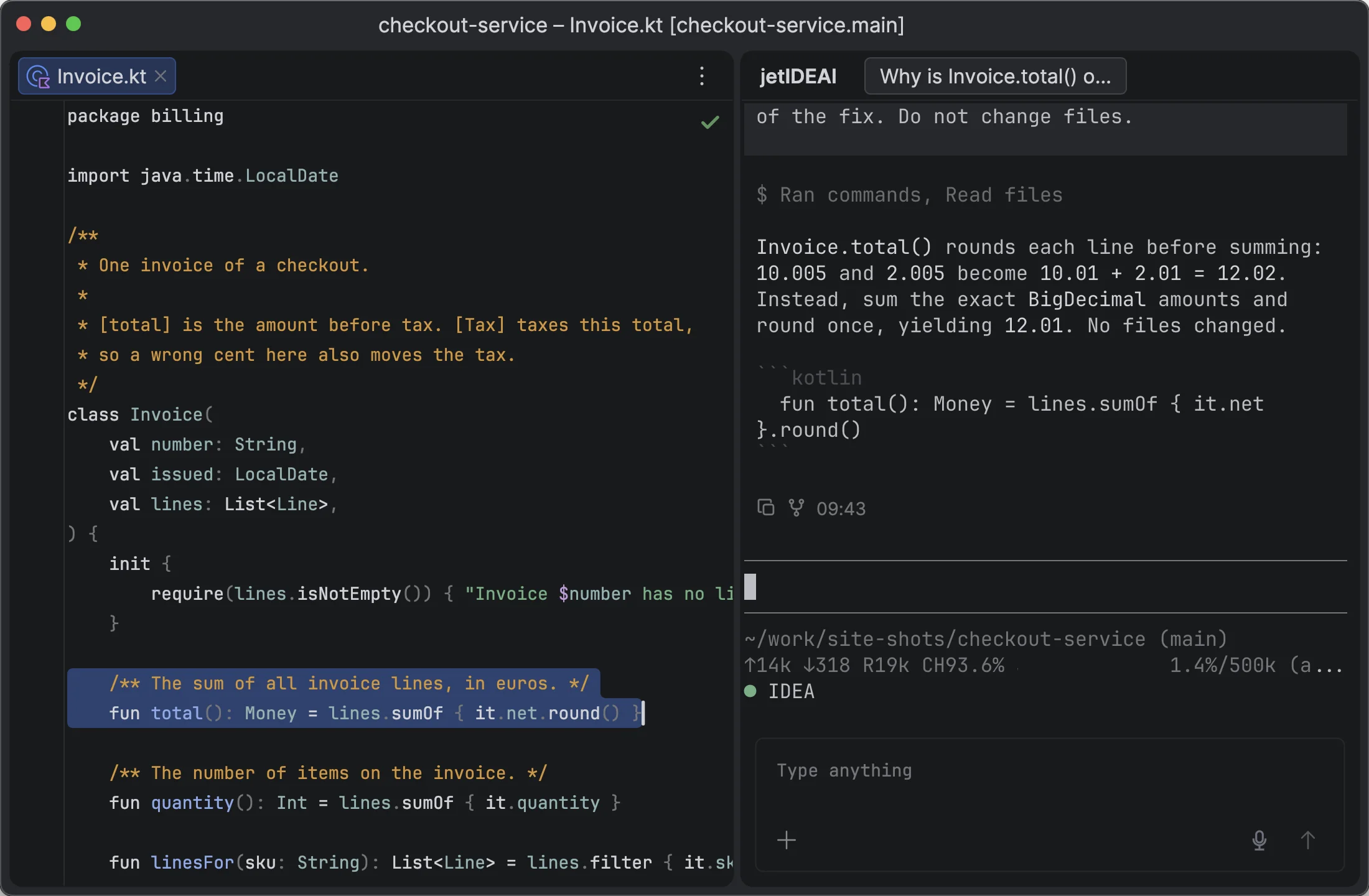 The jetIDEAI editor scheme and Pi theme on Islands Dark