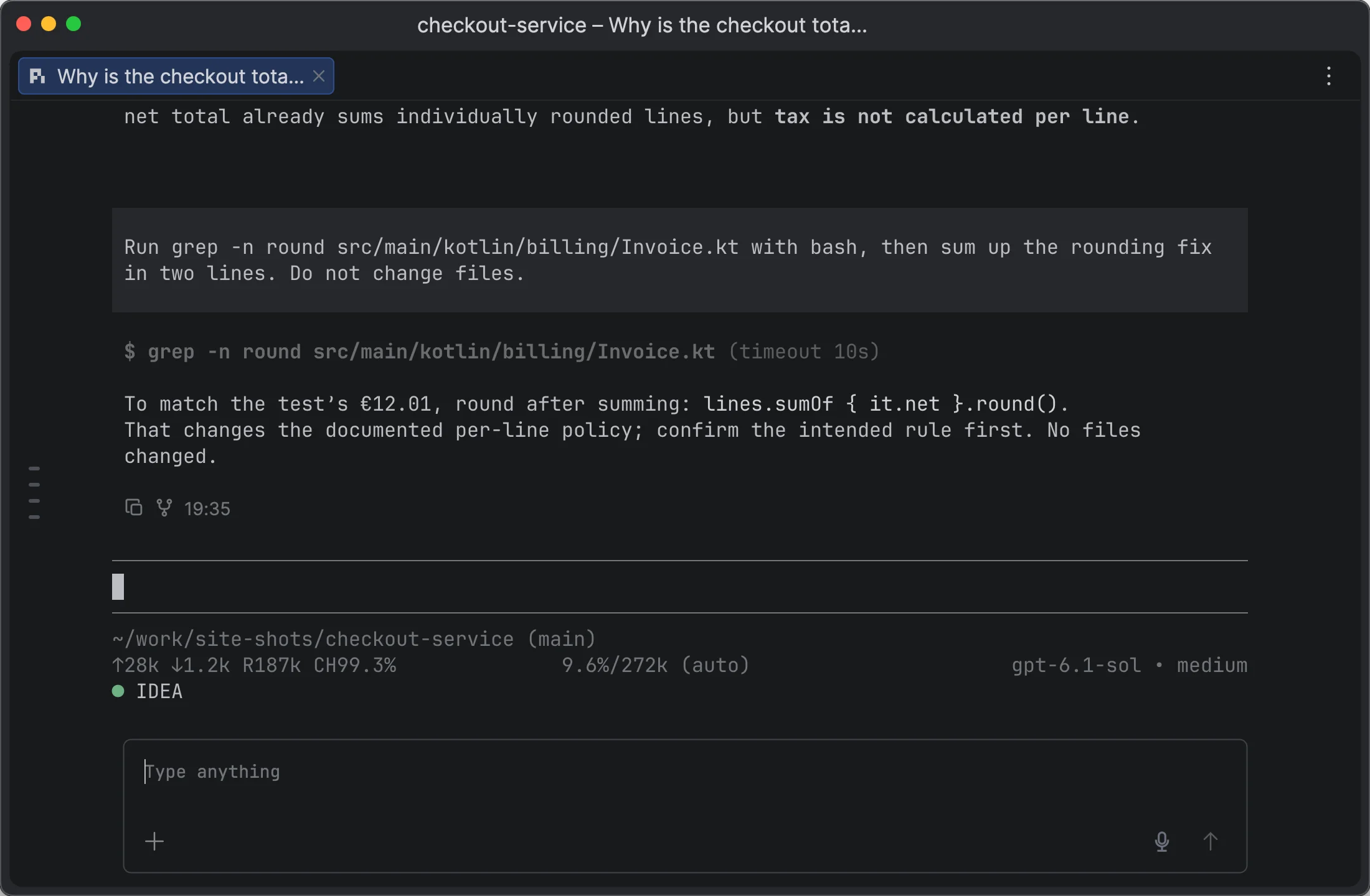 The same Pi chat in JetPi: tool calls fold into one row, with Copy and Fork under the answer