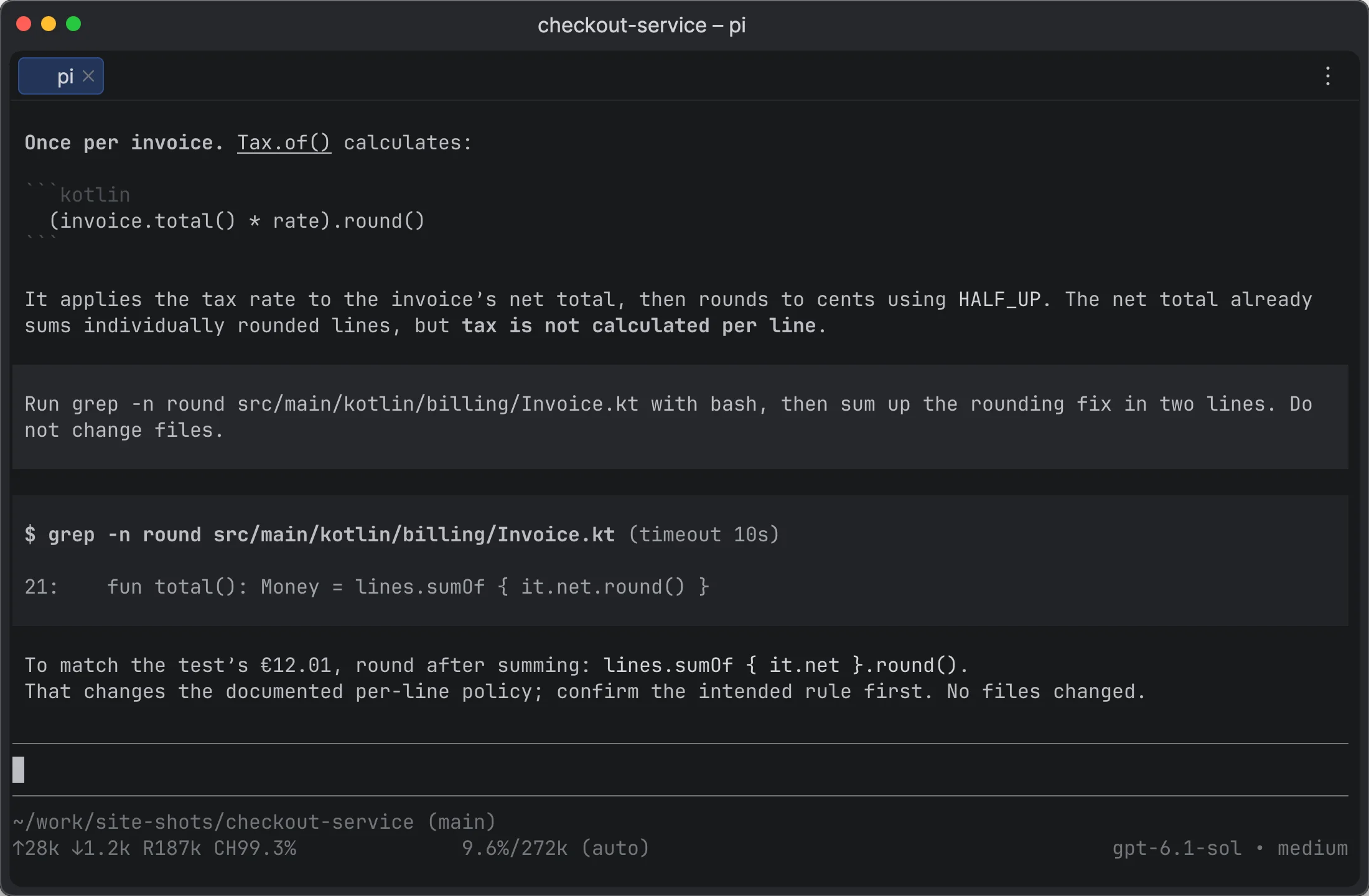 The same Pi chat in a plain terminal: raw tool output fills the screen