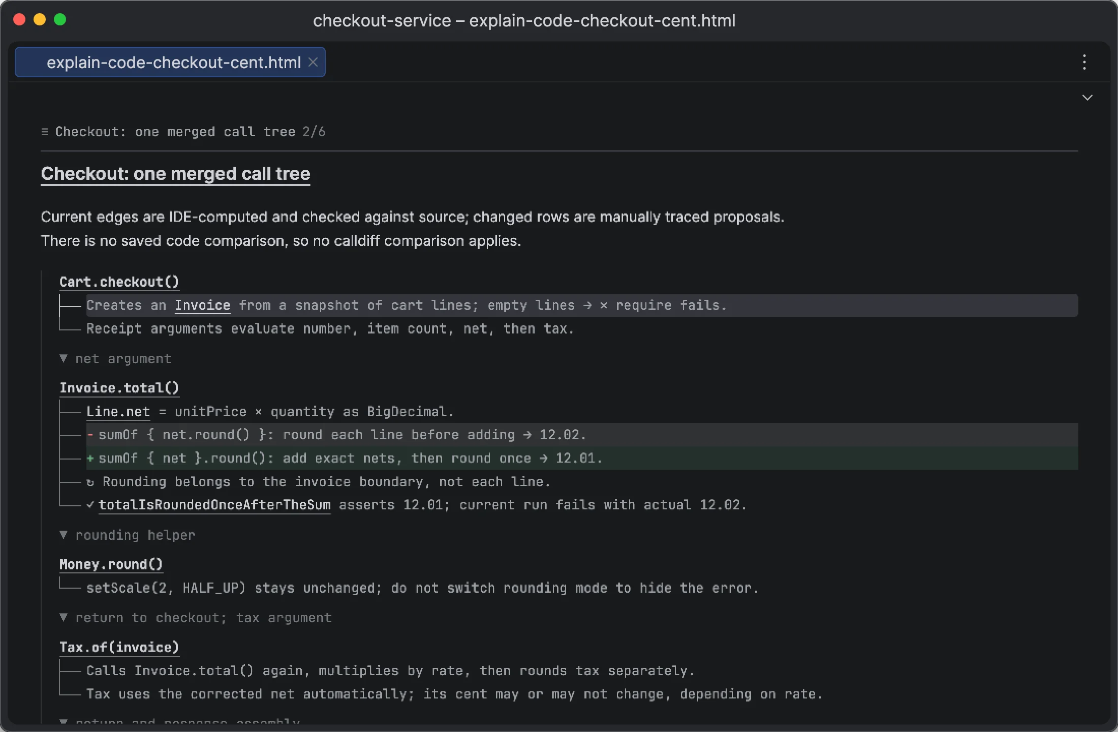 Plan: Before a change, the agent writes a report with the proposed code. Each link opens the proposal in the editor as a ghost preview over the current lines.