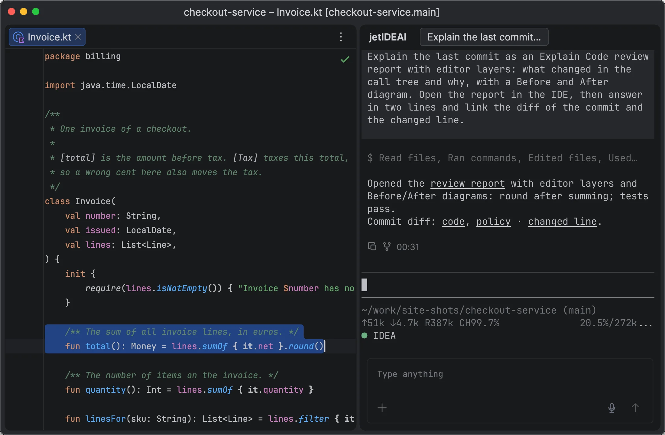 Review: Ask about a commit. The agent shows the call tree before and after, explains each step, and links to the diff with notes on both sides.